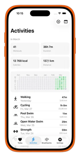 Activities screen showing monthly workout stats, activity heatmap, and recent workouts