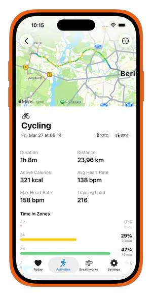 Cycling activity detail showing route map, heart rate zones, and training load