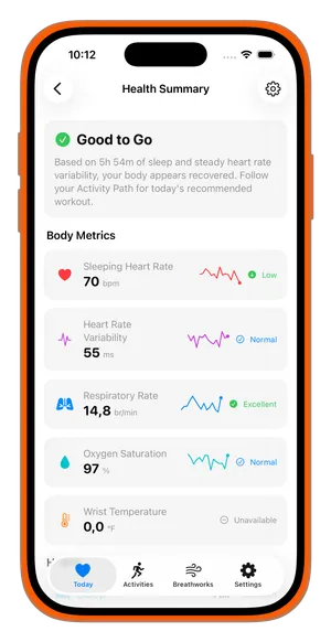 Health Summary screen showing body metrics like heart rate, HRV, respiratory rate, and SpO2