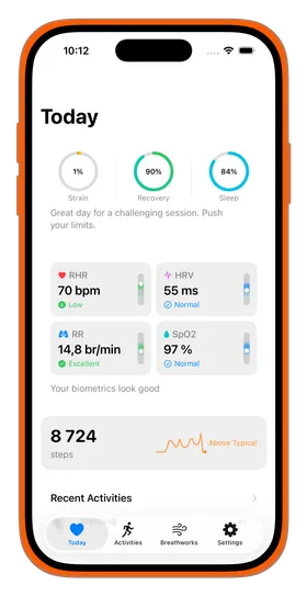 Wildgrow Today screen showing Strain, Recovery, and Sleep scores with key biometrics