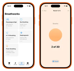 Breathworks screen showing breathing exercises and guided breathing session